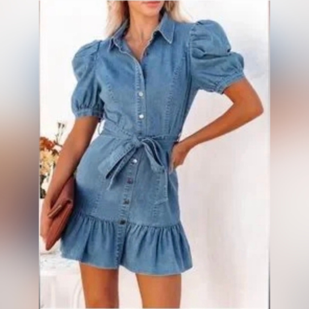 Vici Dress Denim Flirty Ruffle Short Puff Sleeve Mini Size S - Picture 4 of 13